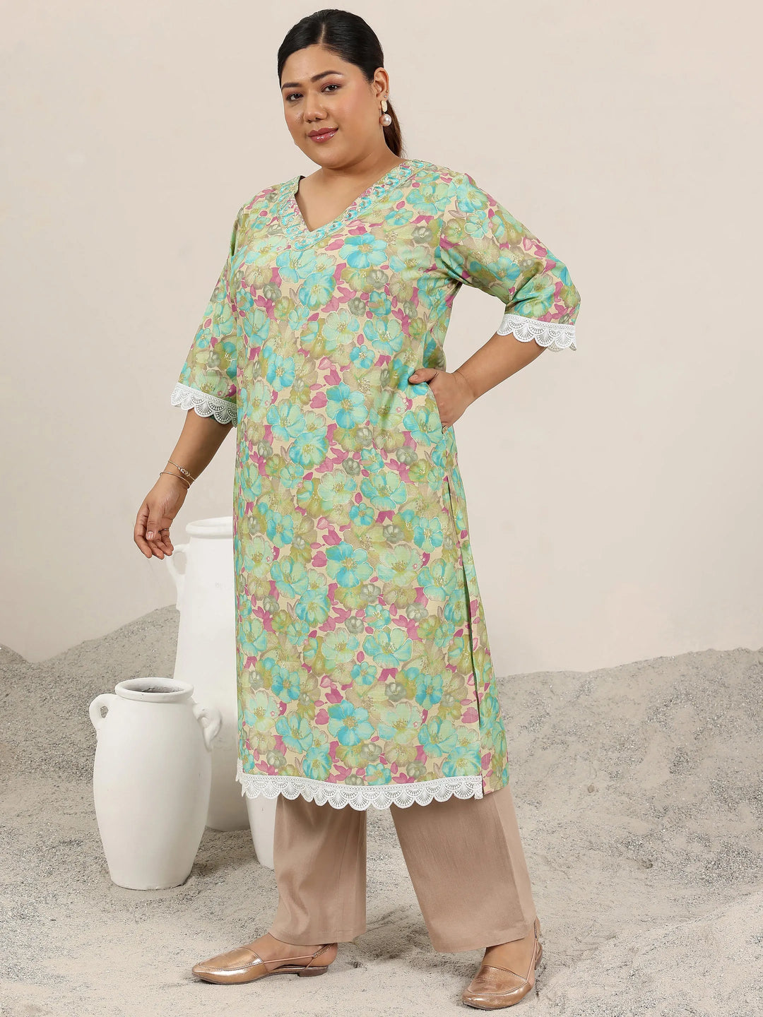  Plus Size Green Printed Silk Blend Kurta 
