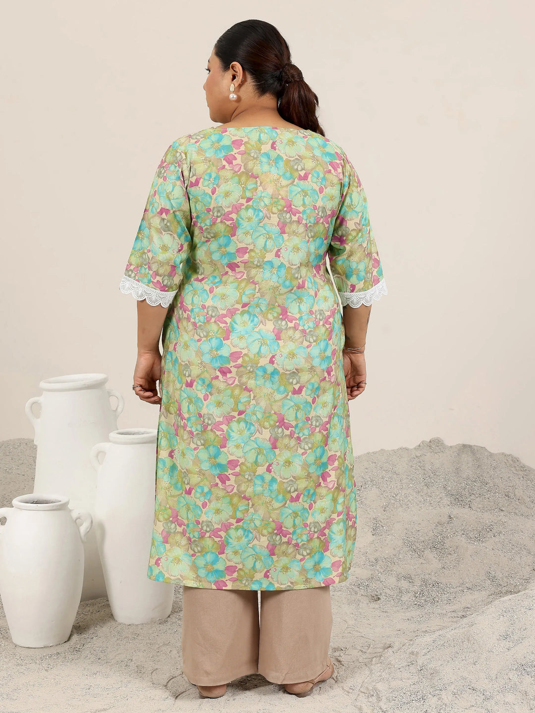  Plus Size Green Printed Silk Blend Kurta 