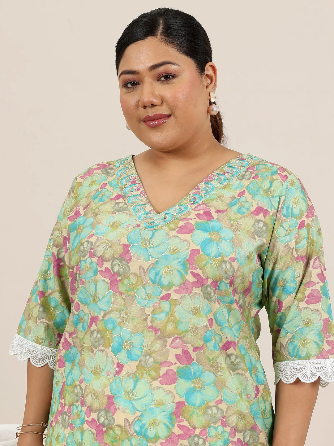  Plus Size Green Printed Silk Blend Kurta 