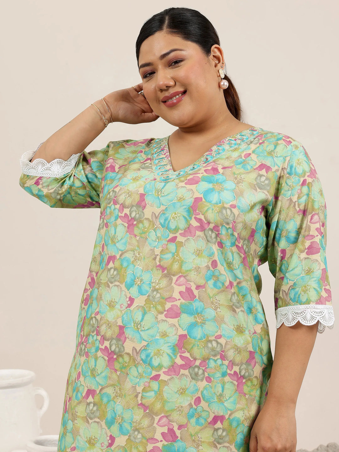  Plus Size Green Printed Silk Blend Kurta 