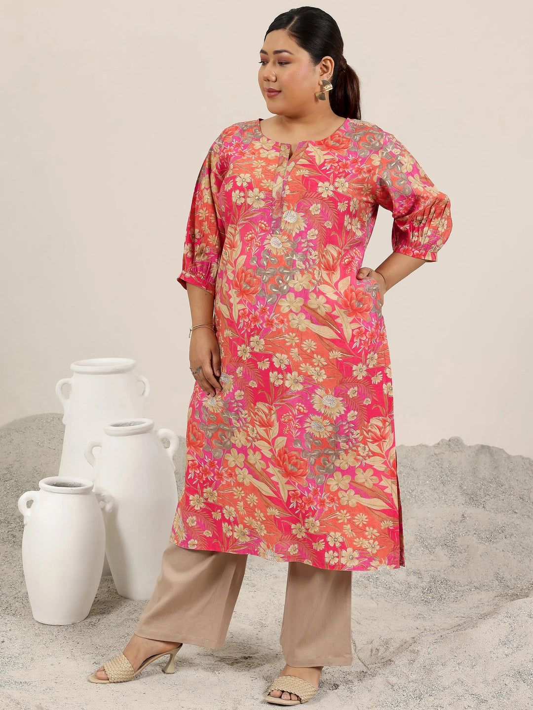  Plus Size Peach Printed Silk Blend Straight Kurta 