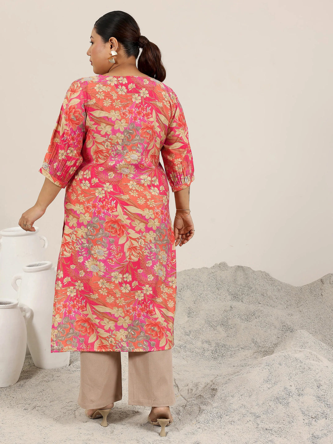  Plus Size Peach Printed Silk Blend Straight Kurta 