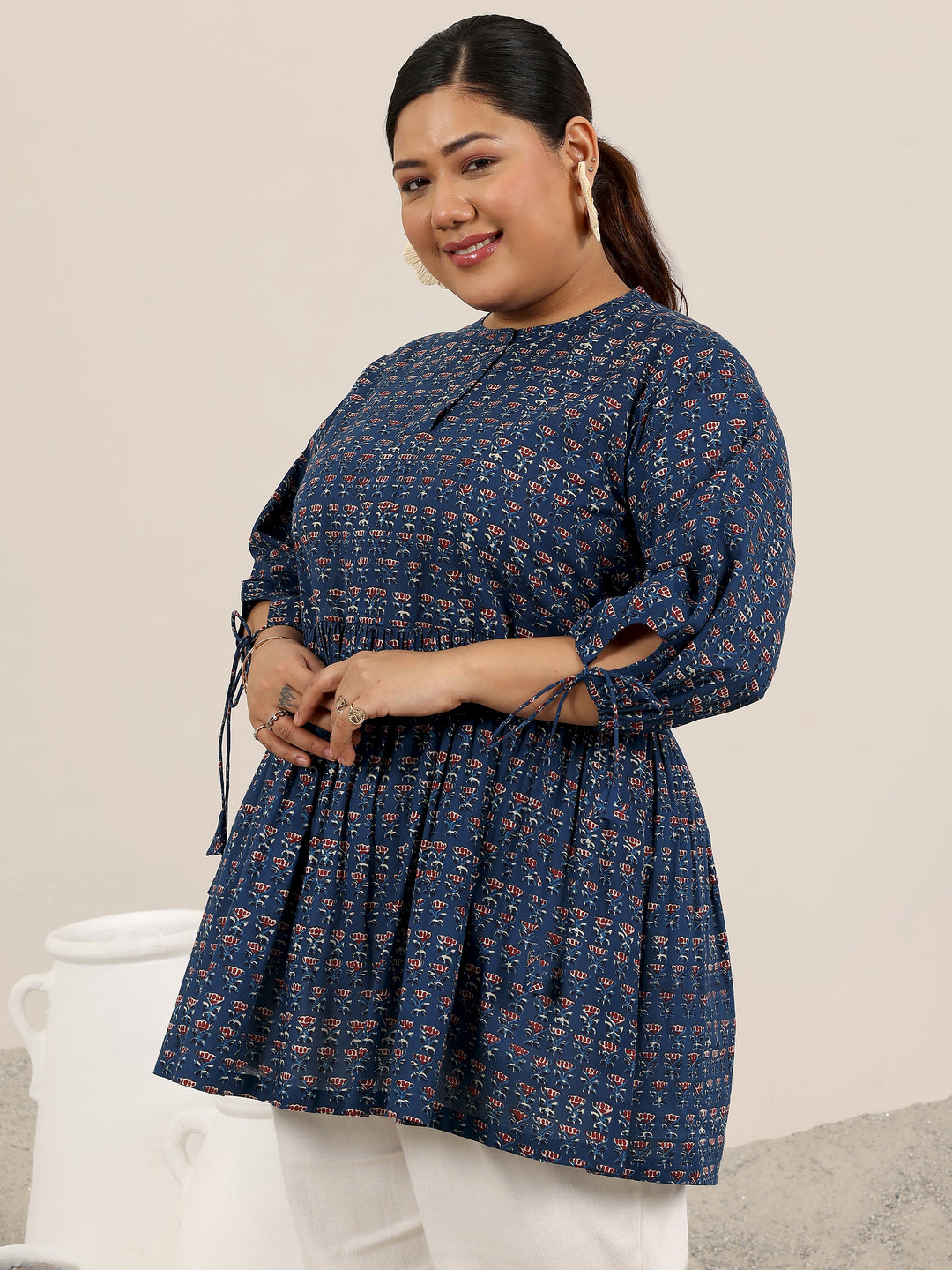  Plus Size Blue Printed Cotton Kurti 