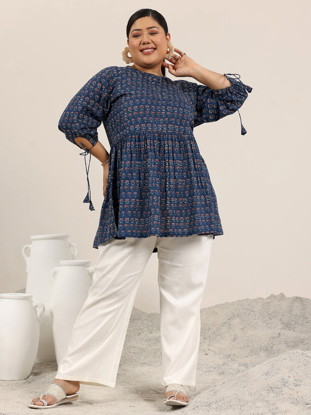  Plus Size Blue Printed Cotton Kurti 