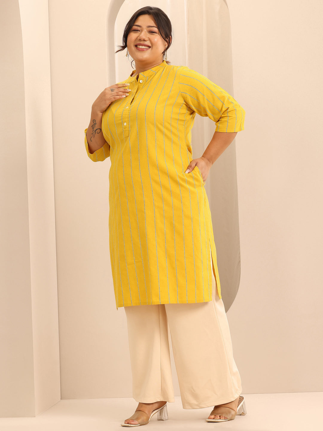  Plus Size Mustard Woven Design Cotton Blend Straight Kurta 