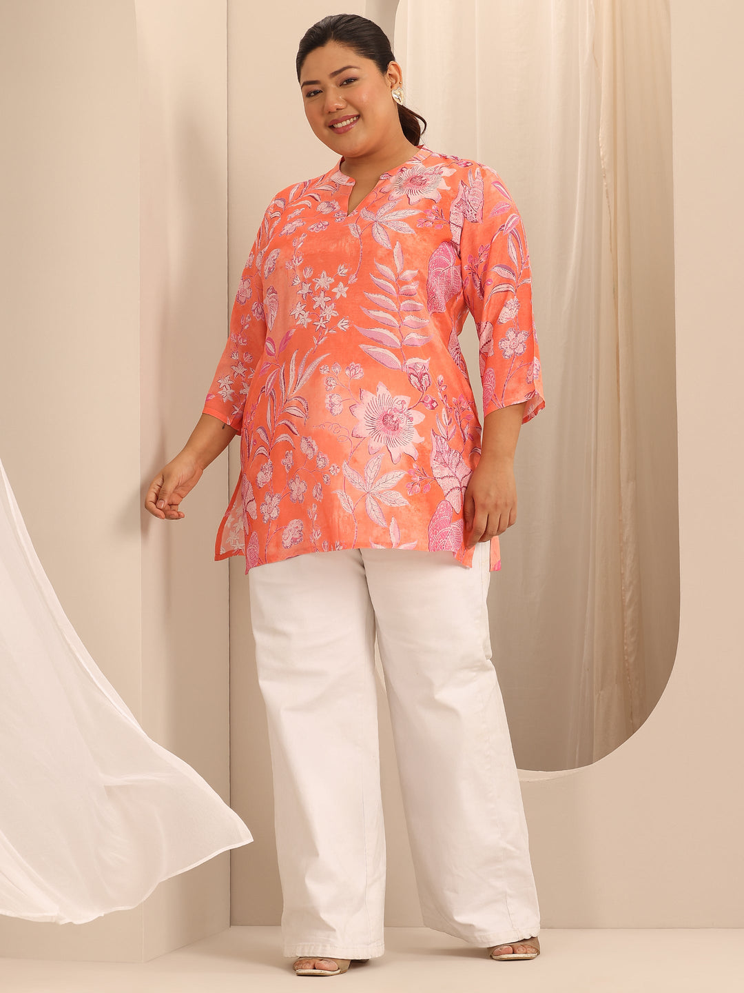  Plus Size Orange Printed Muslin Straight Tunic 