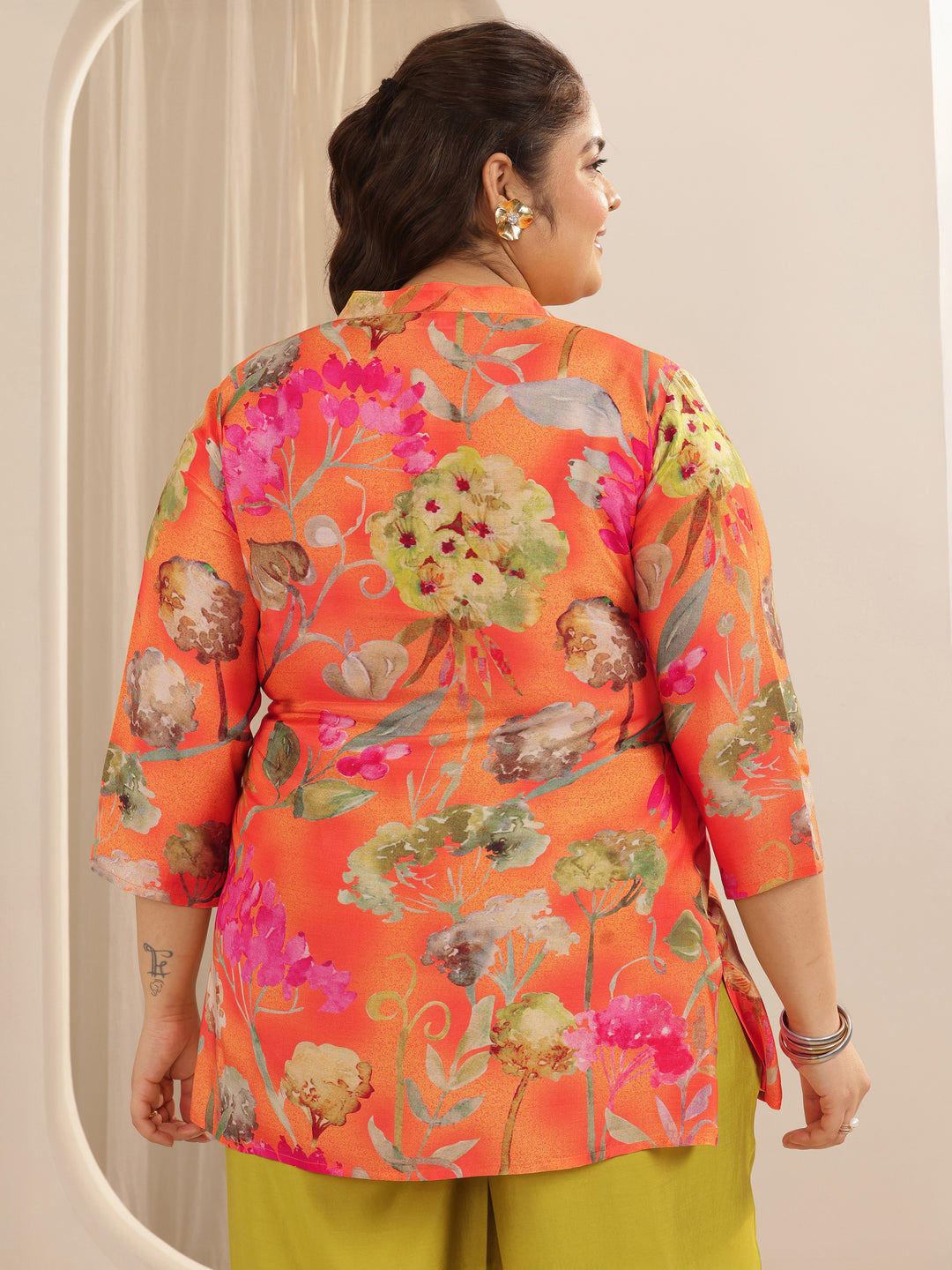  Plus Size Orange Printed Muslin Straight Short Kurti 