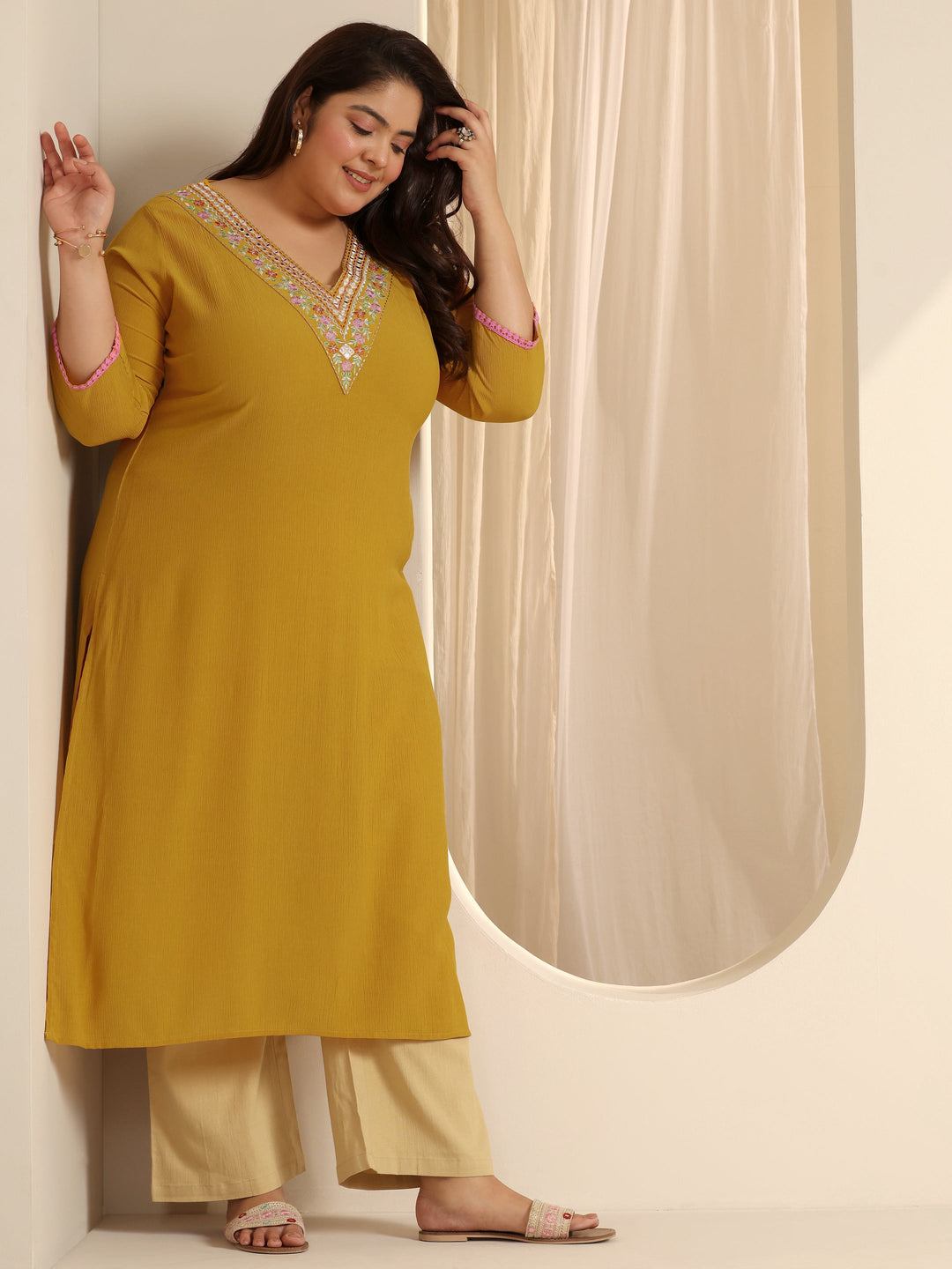  Plus Size Mustard Yoke Design Silk blend Straight Kurta 