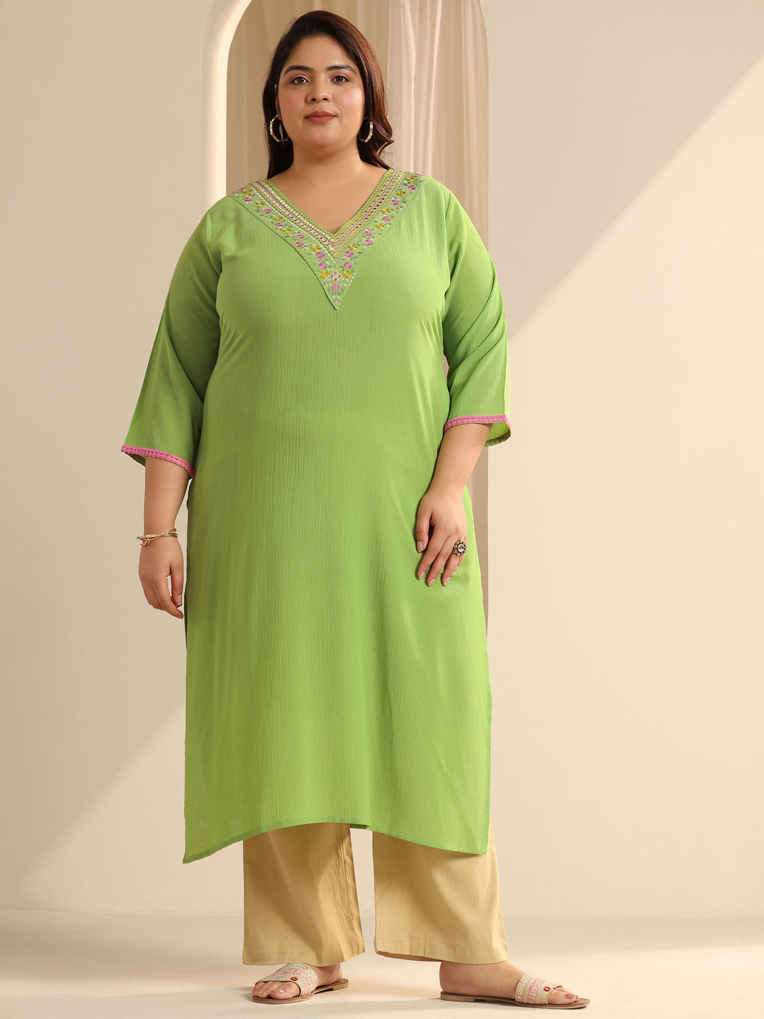  Plus Size Green Yoke Design Silk blend Straight Kurta 