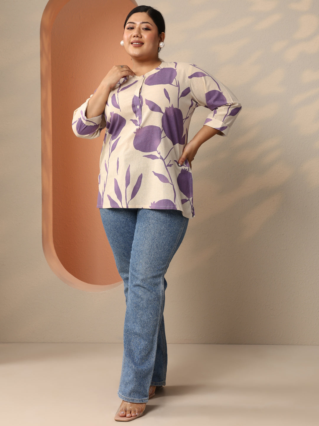  Plus Size Off White Printed Cotton Straight Short Kurti 