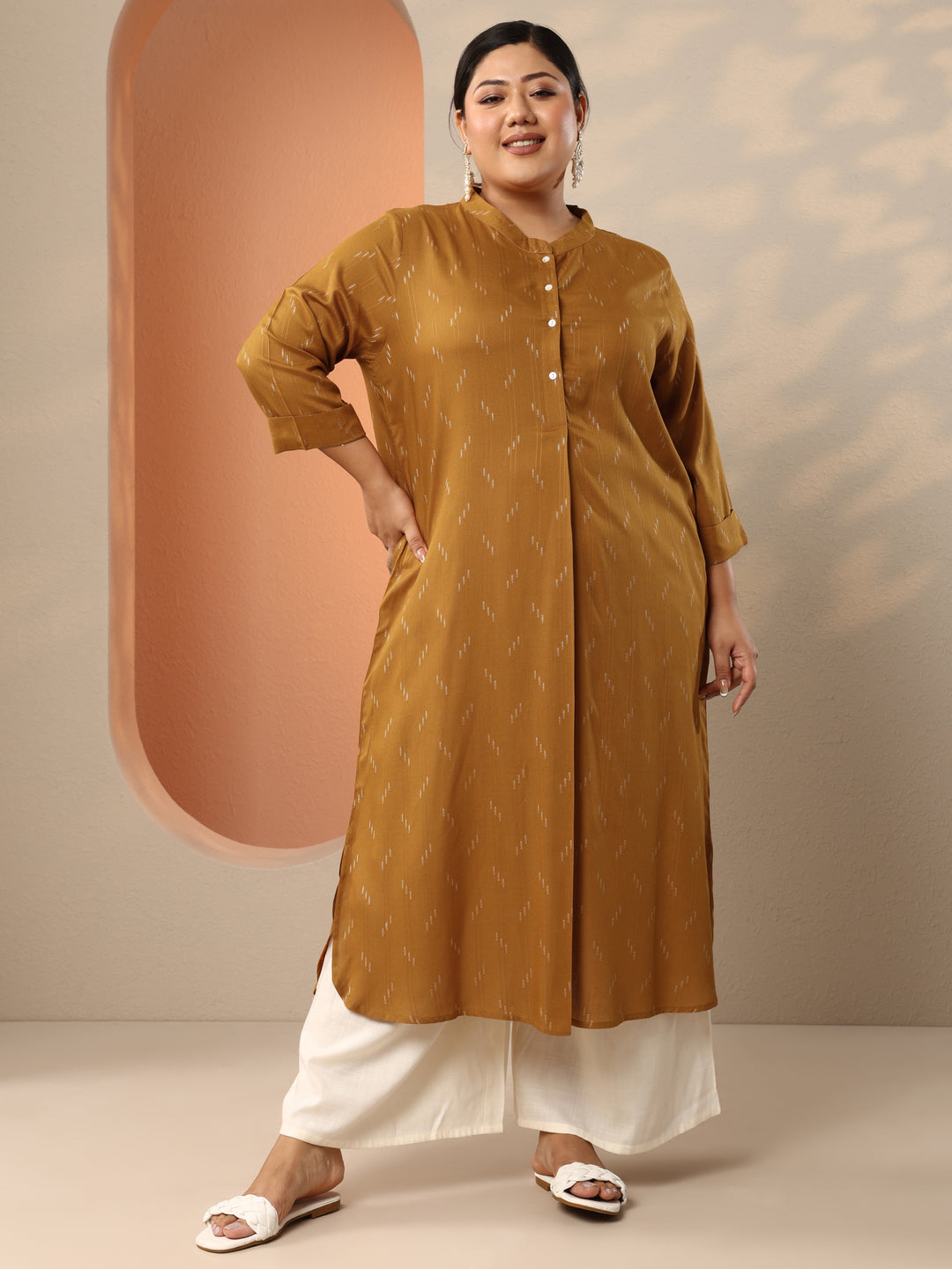  Plus Size Mustard Woven Design Rayon Straight Kurta 