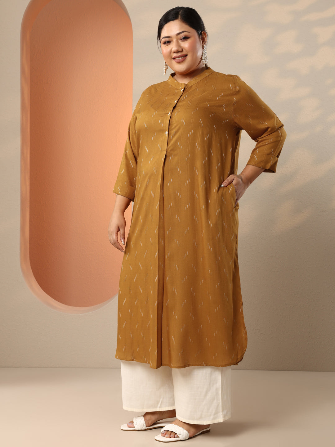  Plus Size Mustard Woven Design Rayon Straight Kurta 
