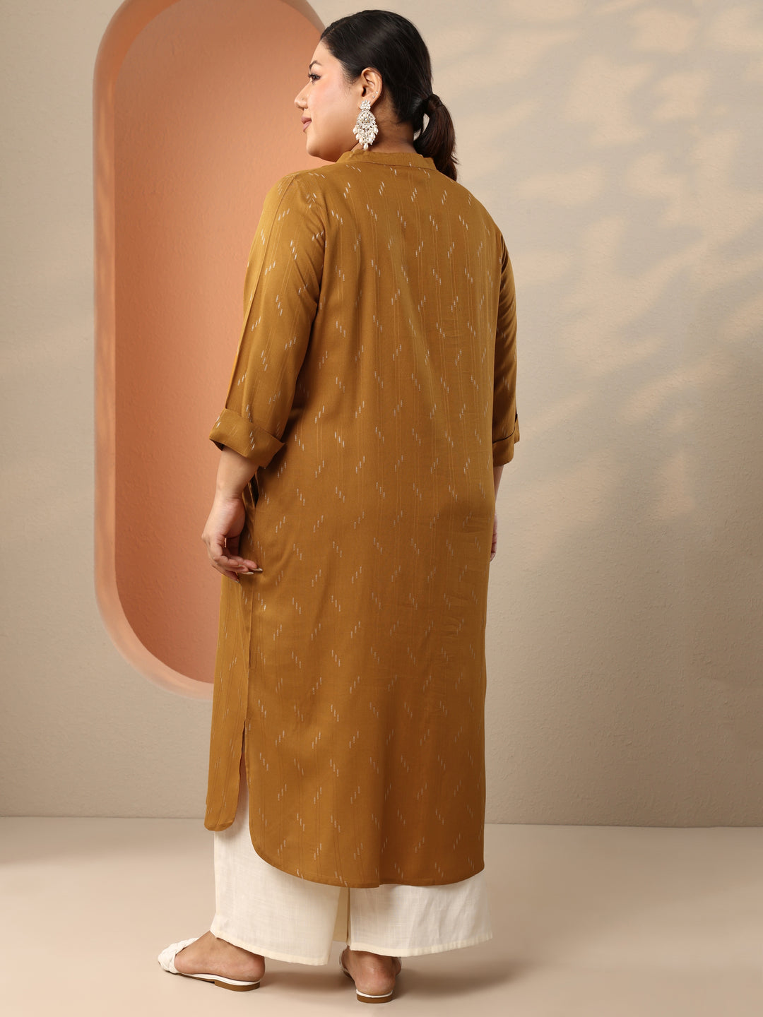  Plus Size Mustard Woven Design Rayon Straight Kurta 