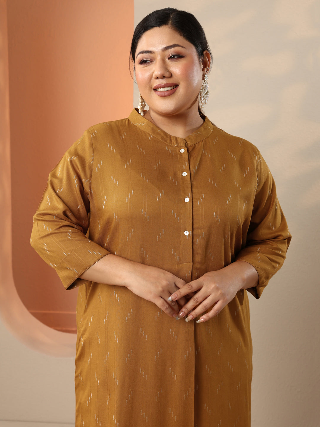  Plus Size Mustard Woven Design Rayon Straight Kurta 