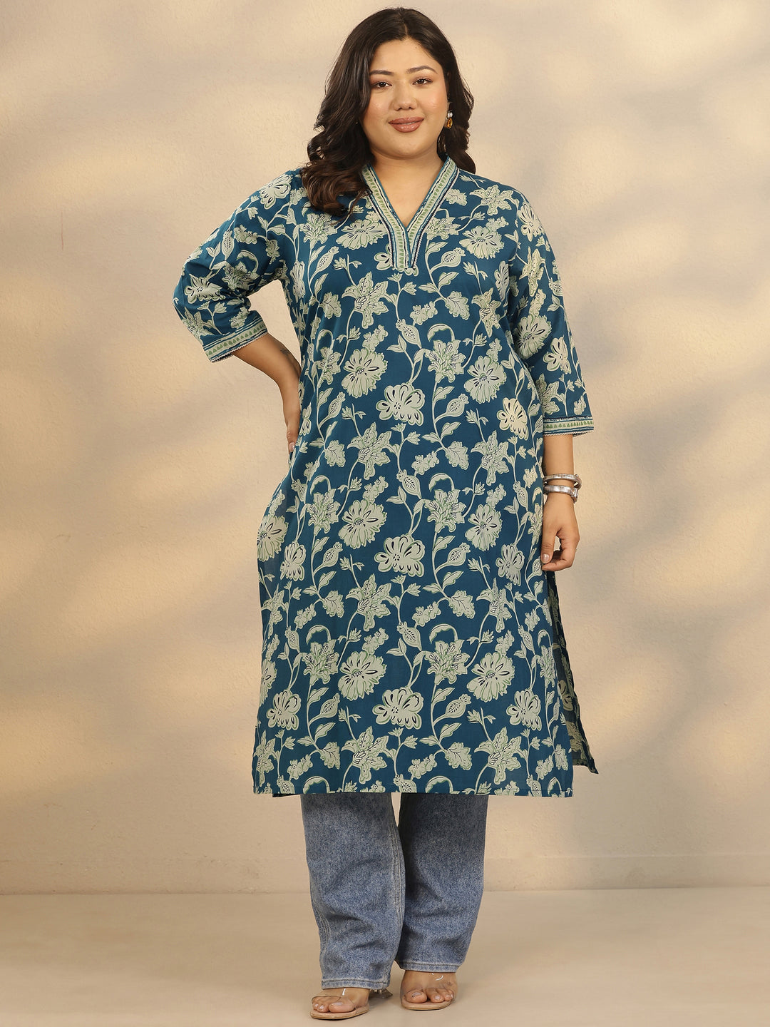  Plus Size Teal Printed Cotton Straight Kurta 
