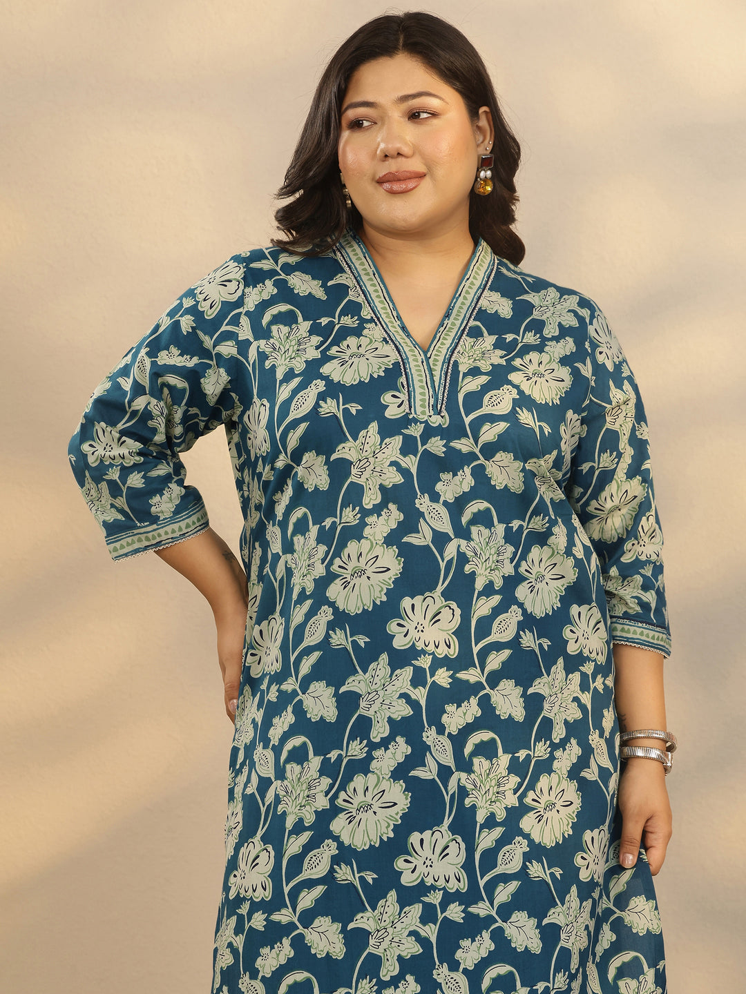  Plus Size Teal Printed Cotton Straight Kurta 