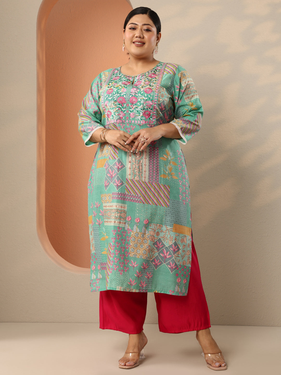  Plus Size Blue Embroidered Silk Blend Straight Kurta 