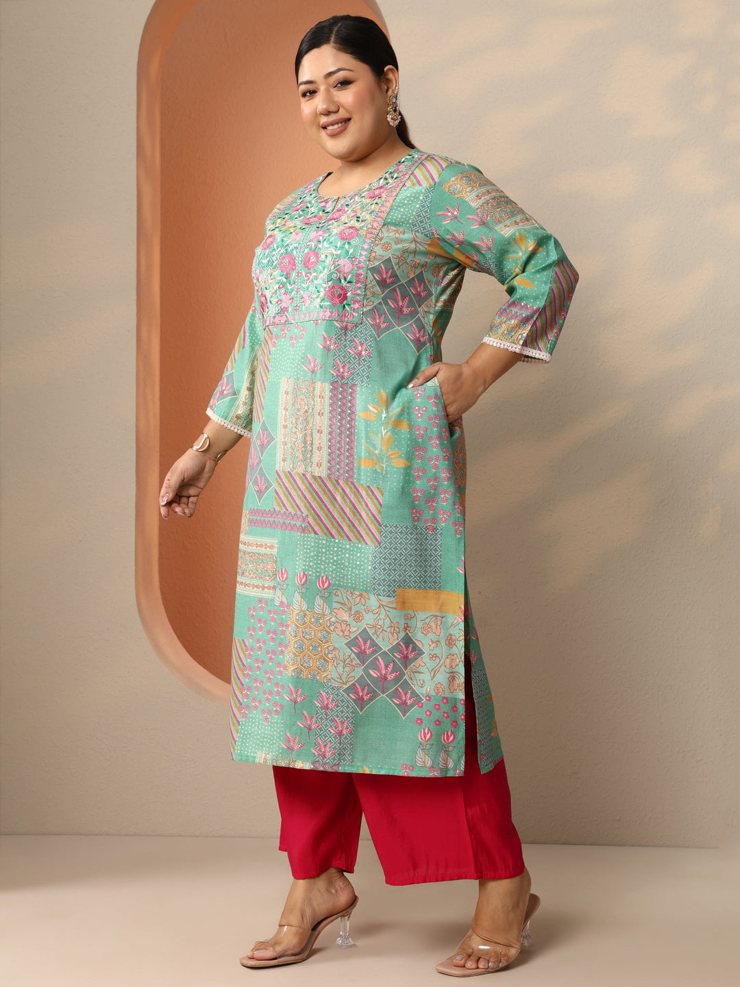  Plus Size Blue Embroidered Silk Blend Straight Kurta 