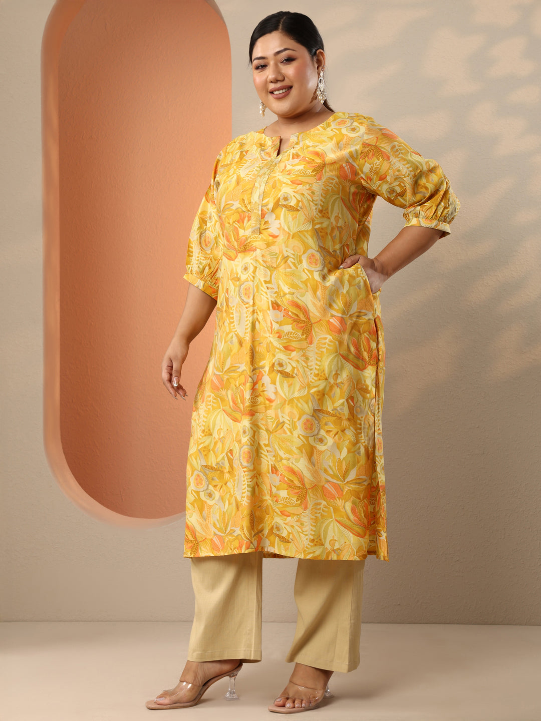  Plus Size Mustard Printed Silk Blend Straight Kurta 