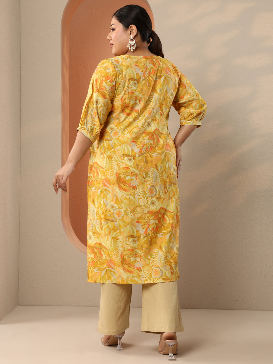  Plus Size Mustard Printed Silk Blend Straight Kurta 