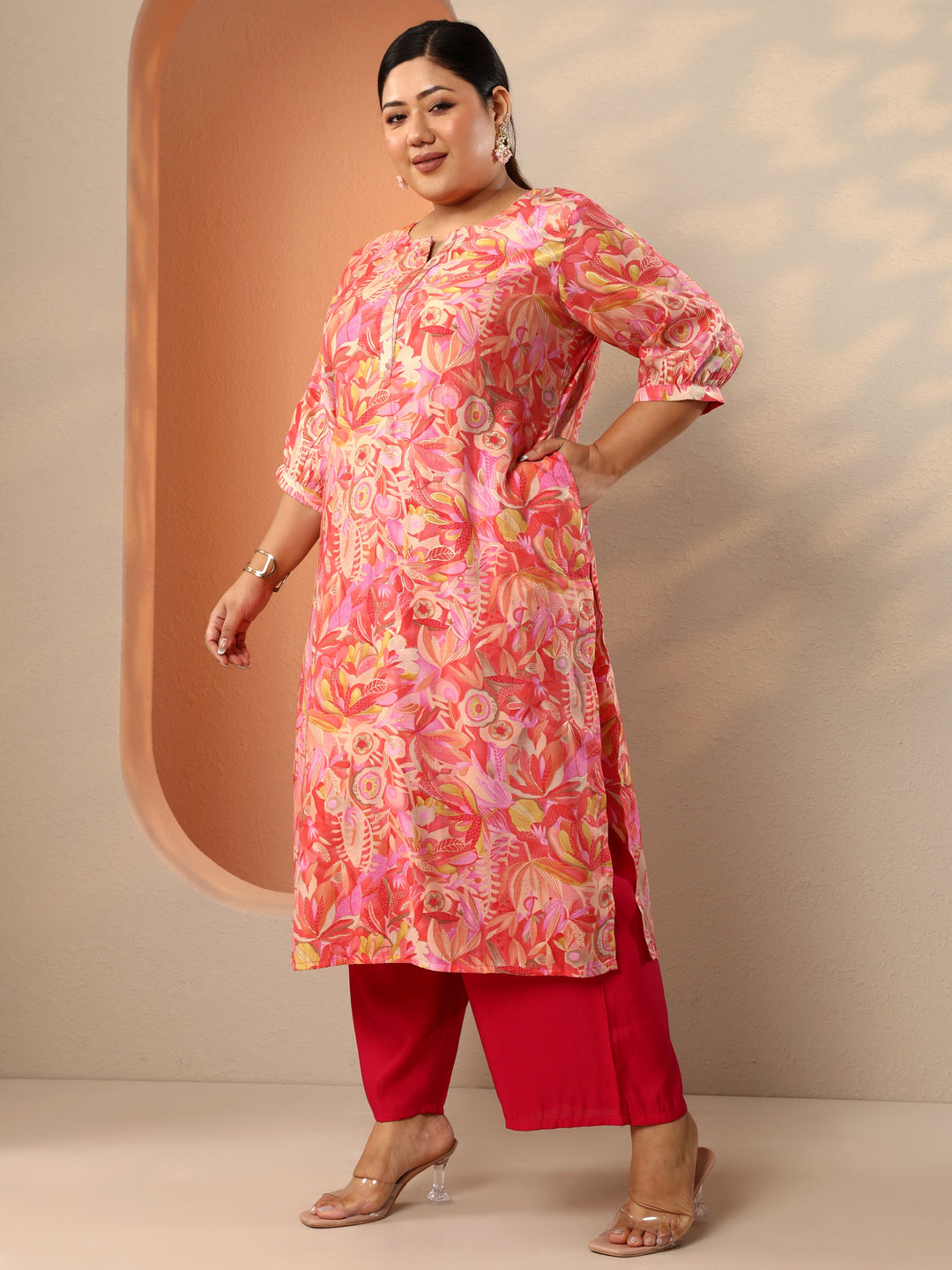 Plus Size Peach Printed Silk Blend Straight Kurta 