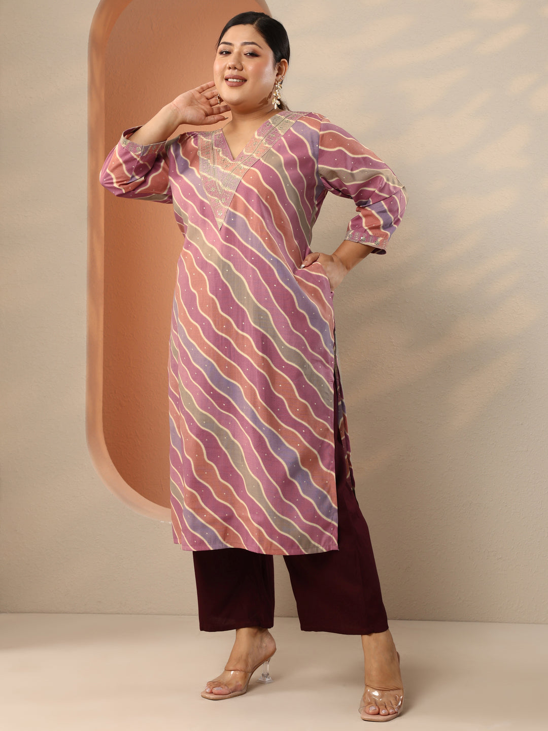  Plus Size Multi Printed Silk Blend Straight Kurta 