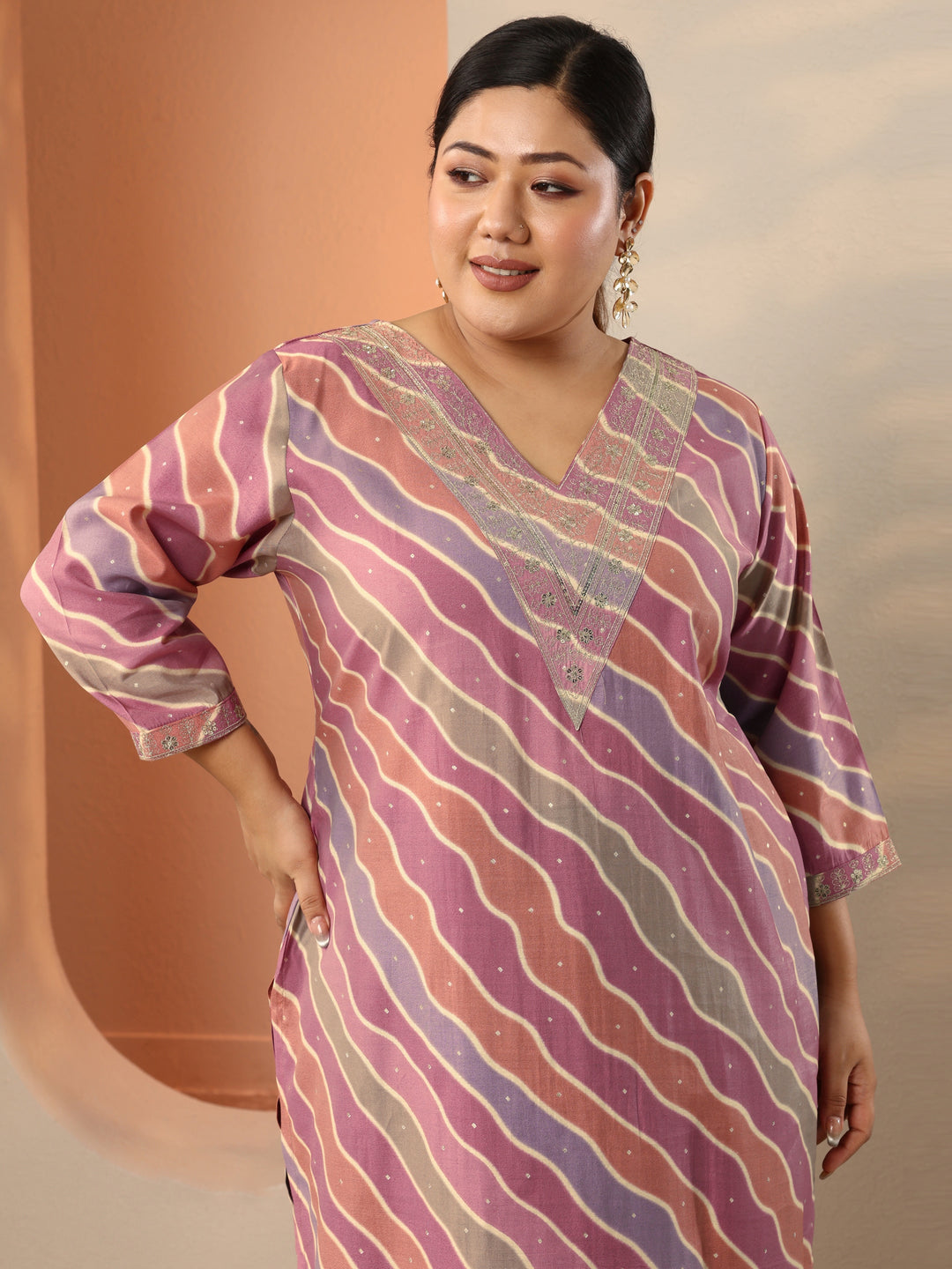  Plus Size Multi Printed Silk Blend Straight Kurta 