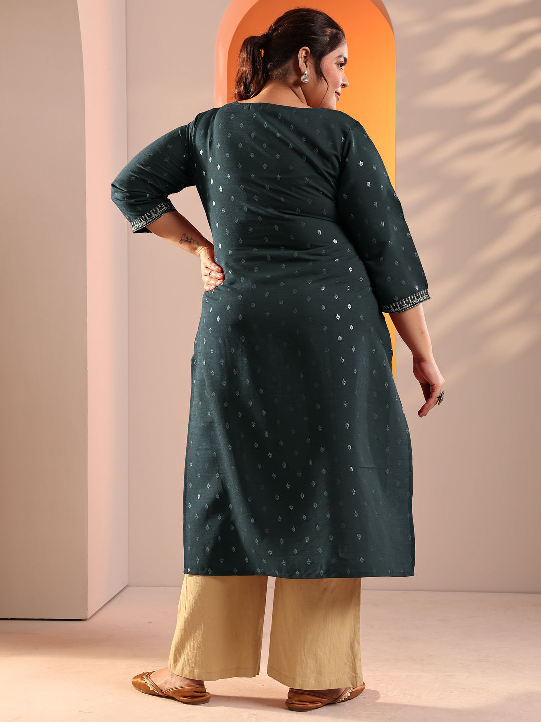  Plus Size Teal Woven Design Silk Blend Straight Kurta 