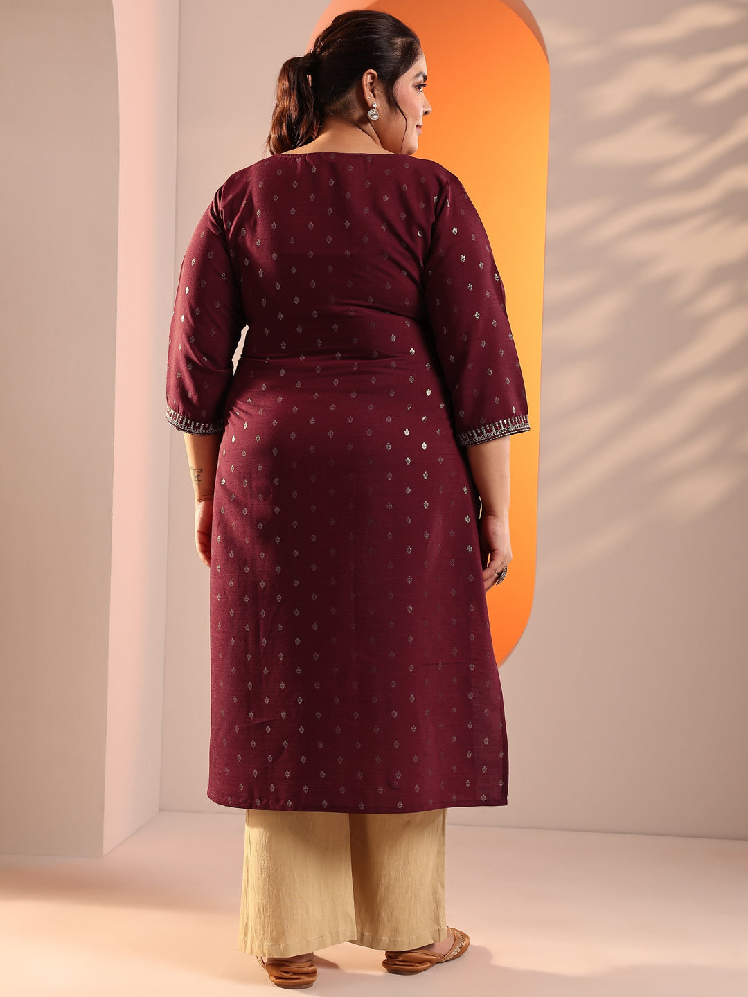  Plus Size Maroon Woven Design Silk Blend Straight Kurta 
