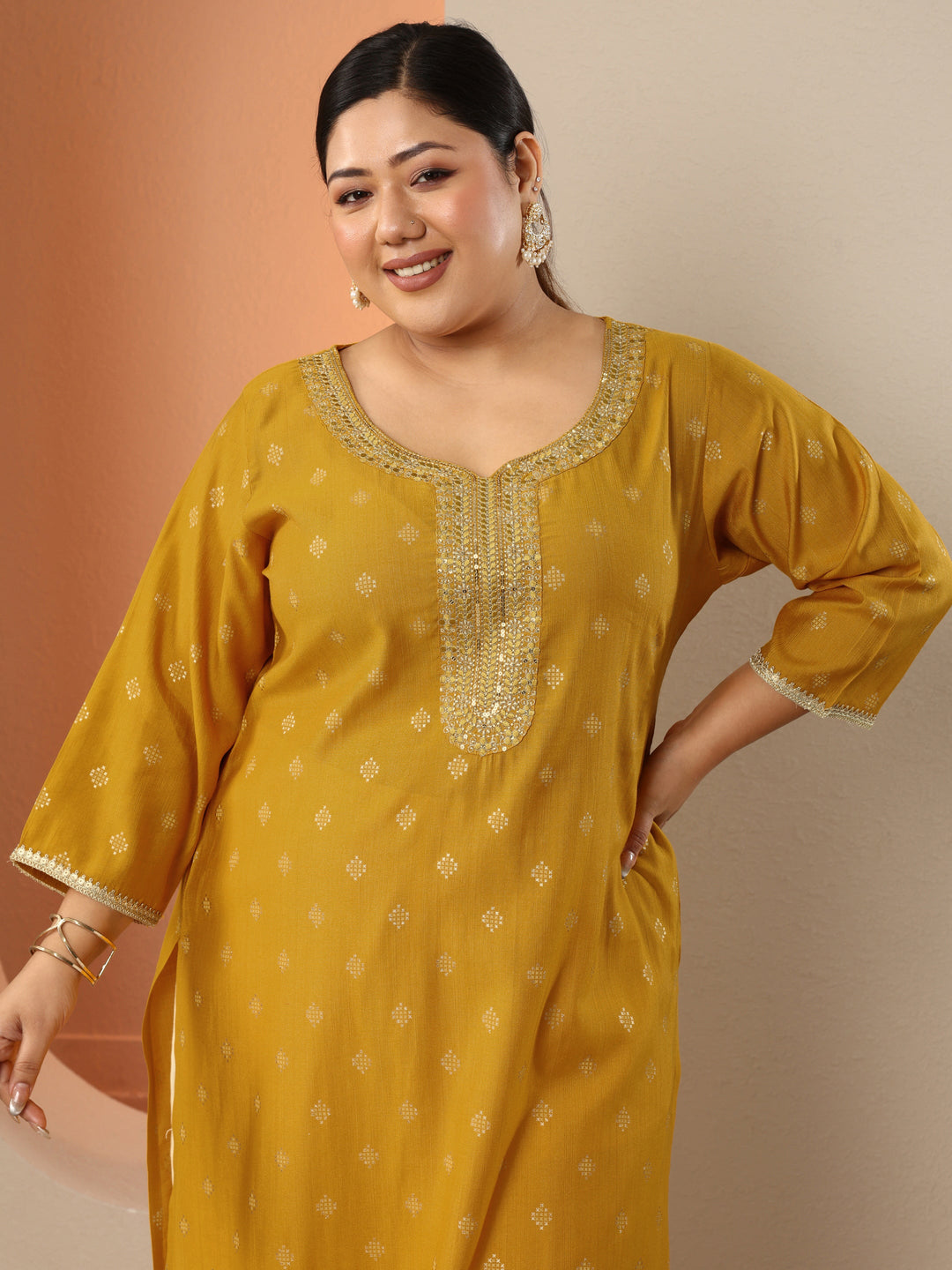  Plus Size Yellow Woven Design Silk Blend Straight Kurta 