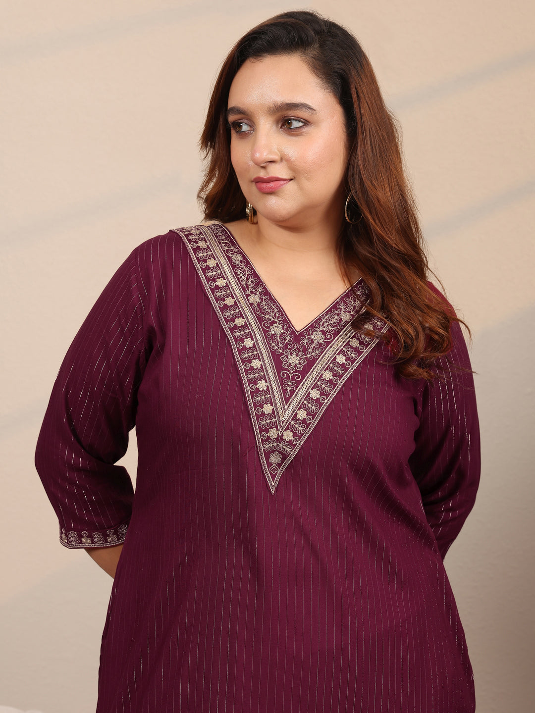  Plus Size Burgundy Embellished Rayon Straight Kurta 