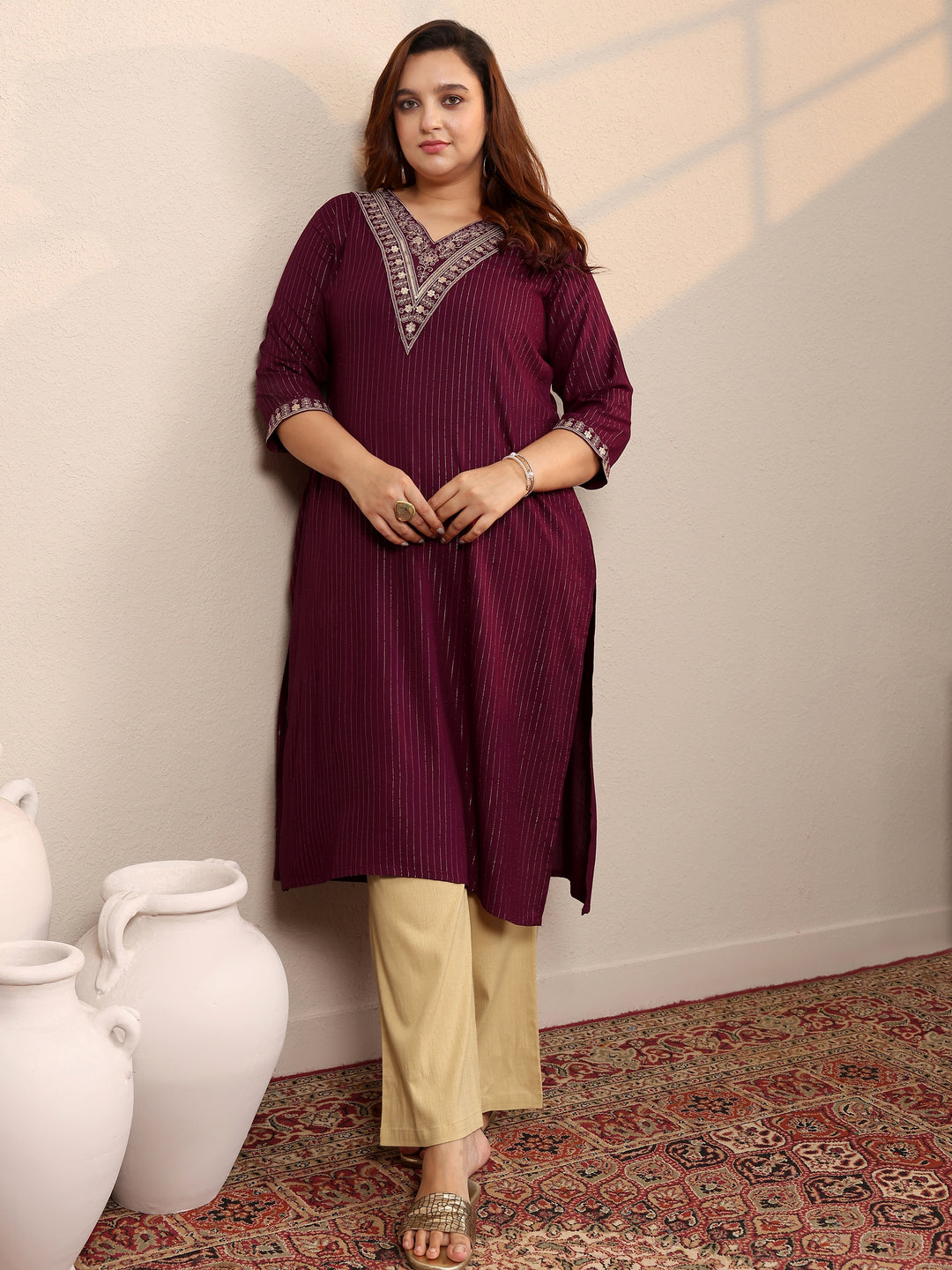  Plus Size Burgundy Embellished Rayon Straight Kurta 