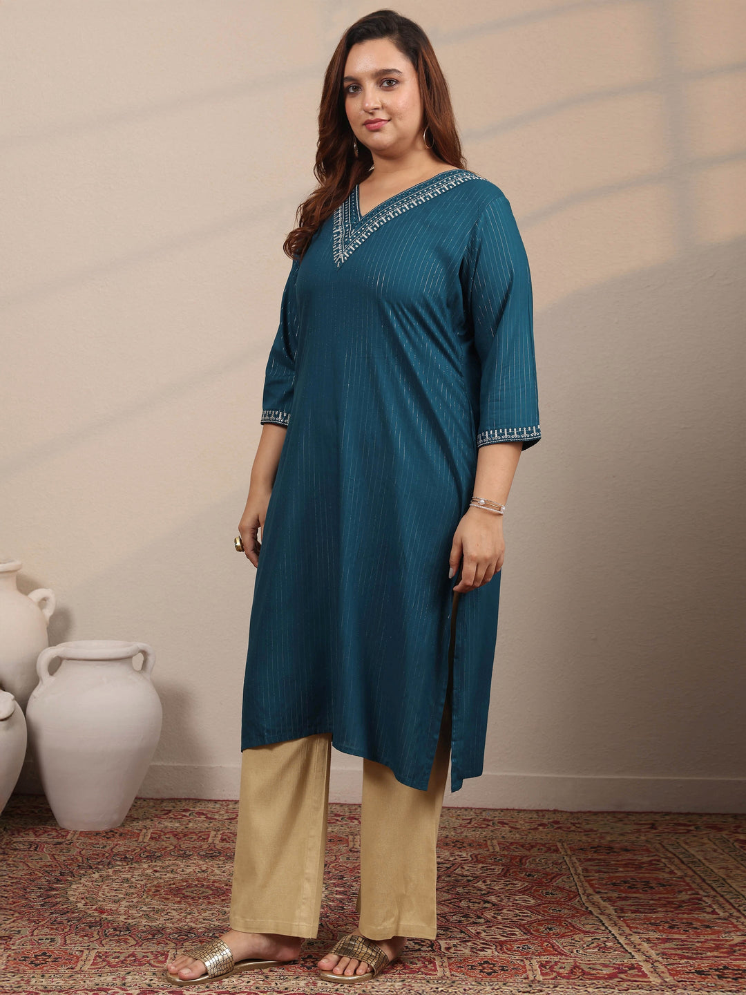  Plus Size Teal Embellished Rayon Straight Kurta 