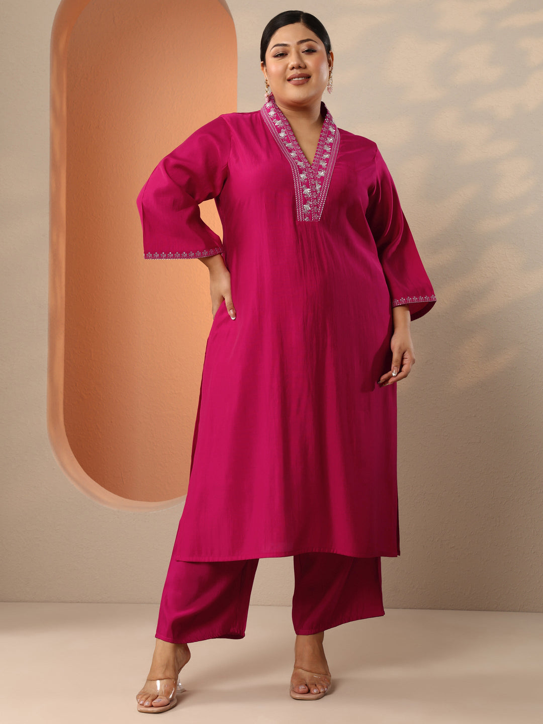  Plus Size Pink Embellished Silk Blend Straight Kurta 
