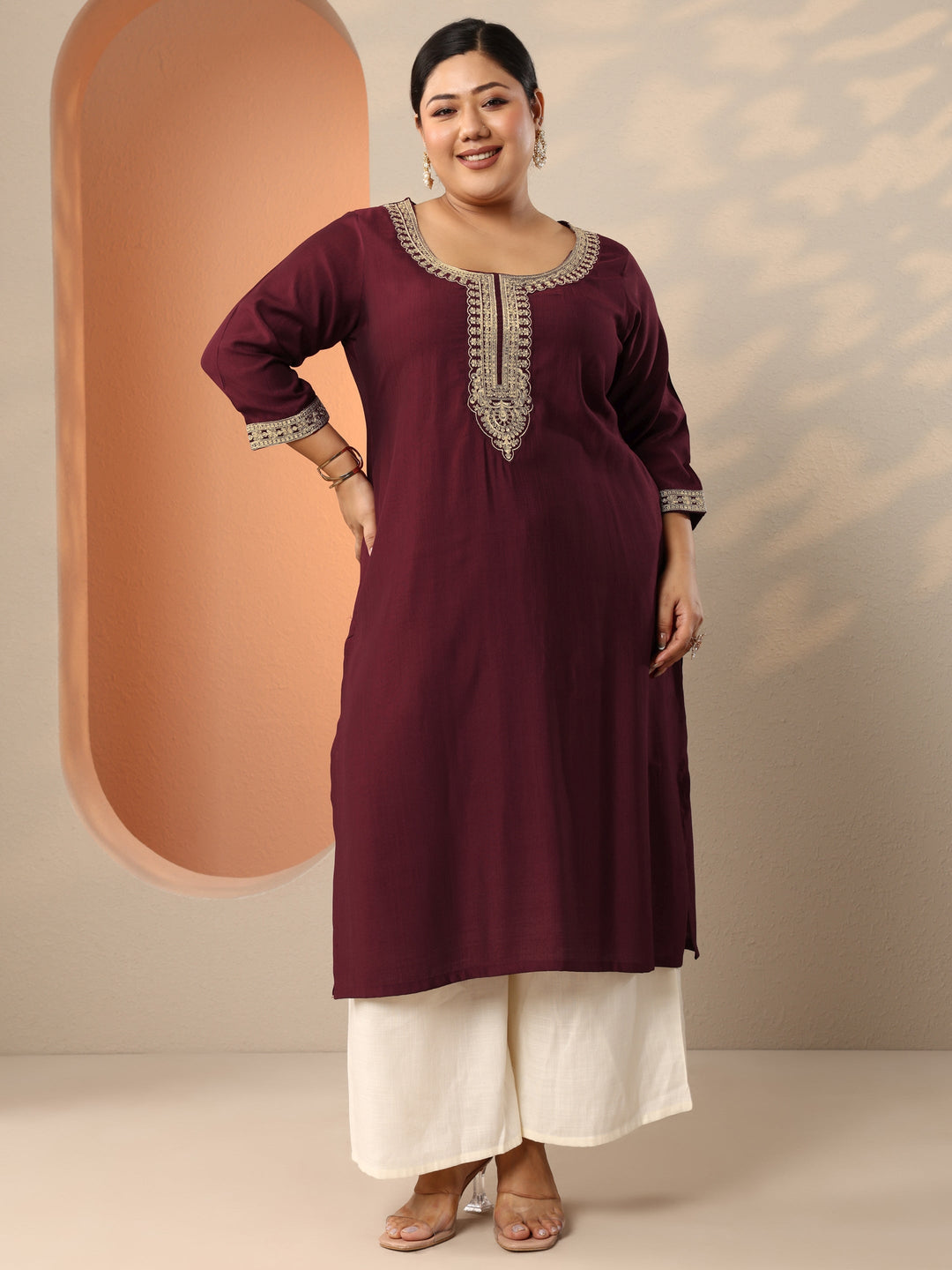  Plus Size Maroon Embroidered Silk Blend Straight Kurta 