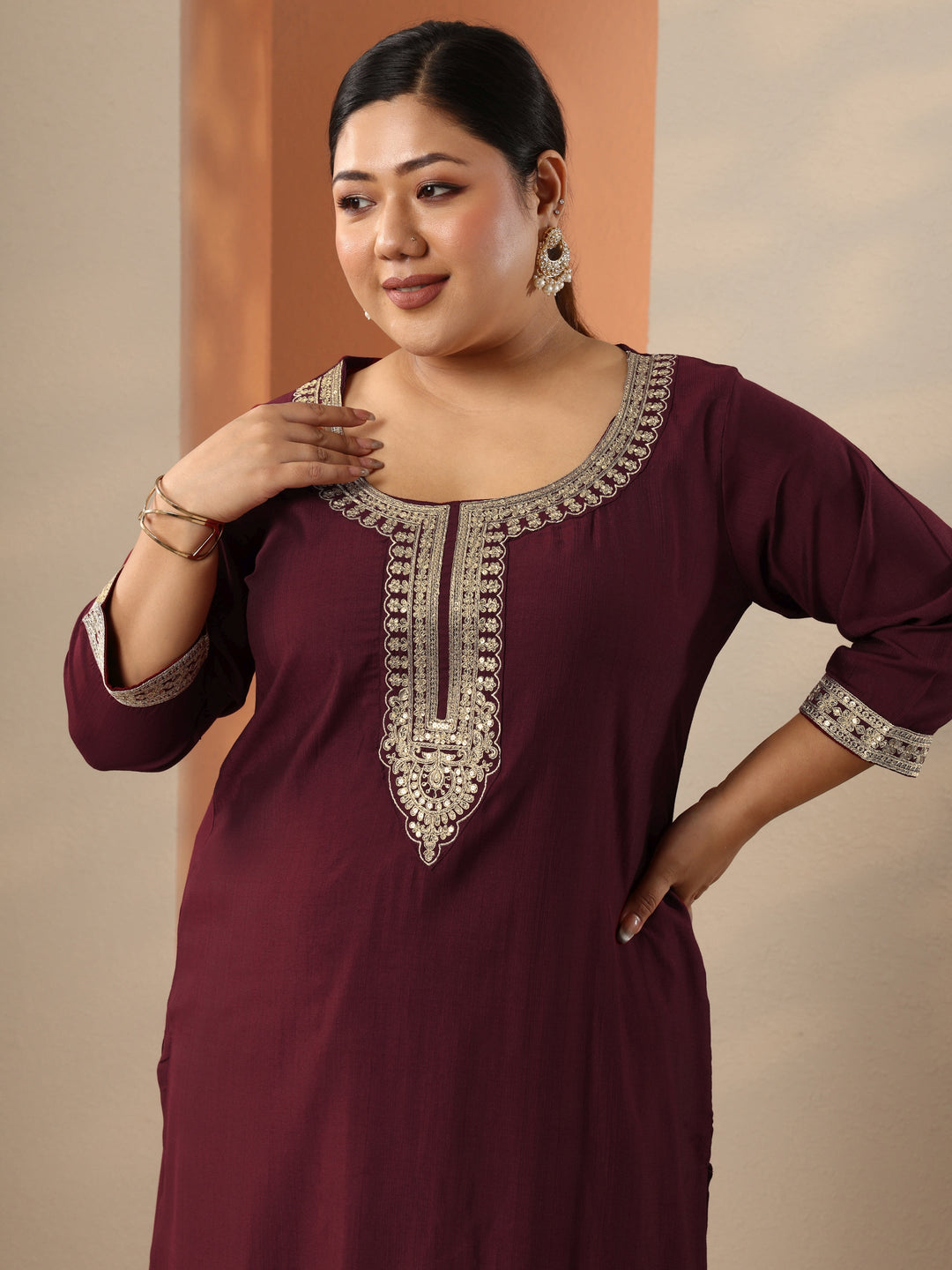 Plus Size Maroon Embroidered Silk Blend Straight Kurta 
