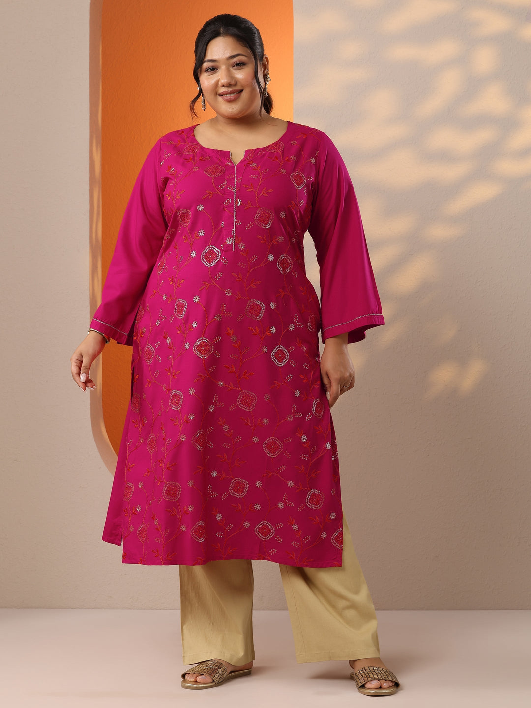  Plus Size Pink Embroidered Rayon Straight Kurta 