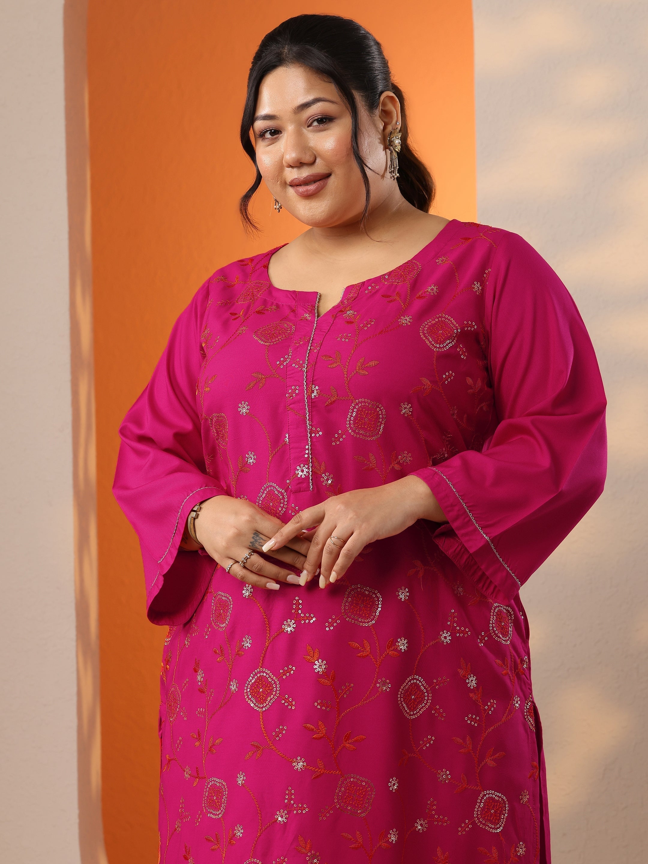 libas Plus Size Pink Embroidered Rayon Straight Kurta-picture-52