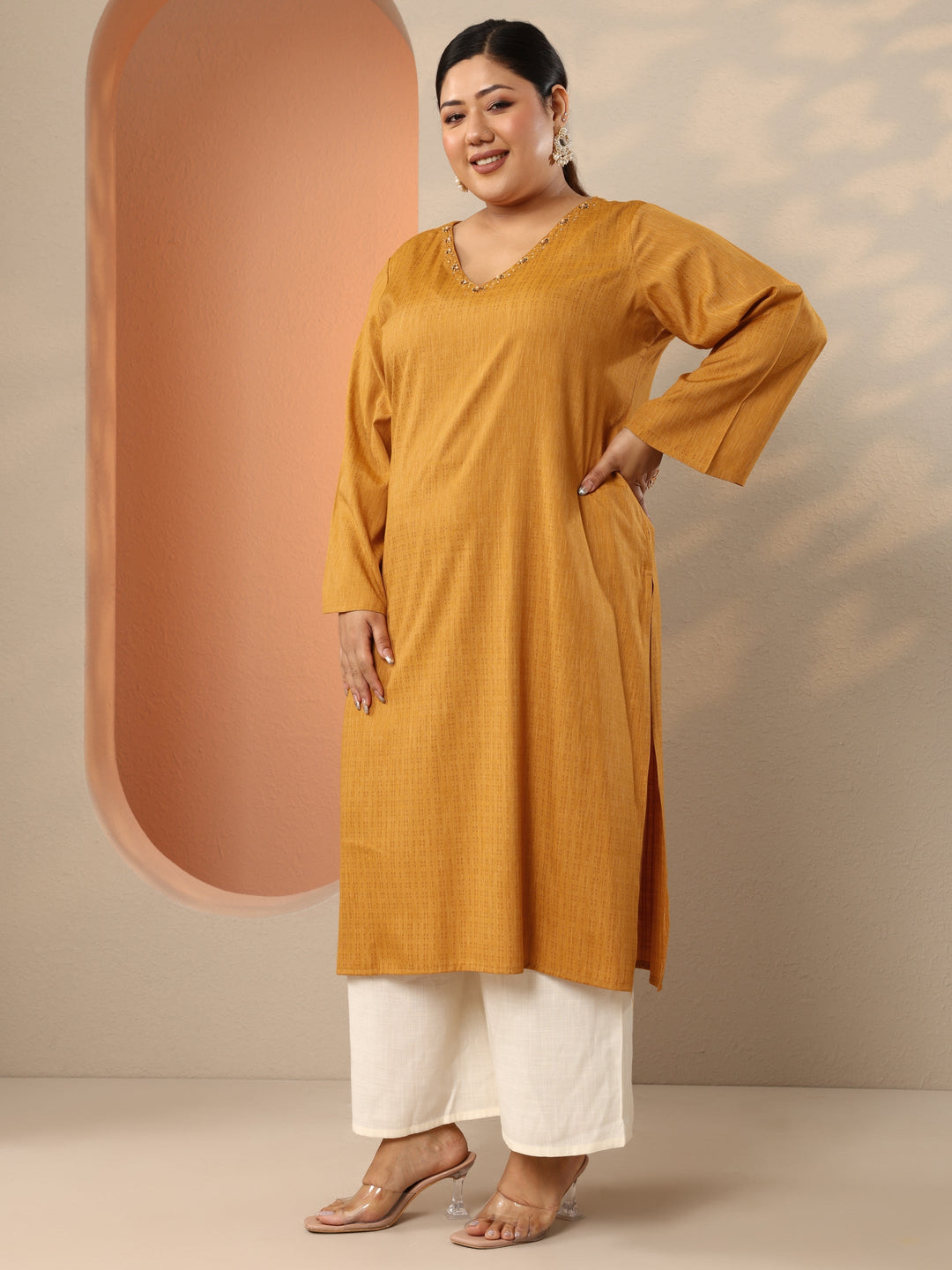  Plus Size Mustard Embellished Rayon Straight Kurta 
