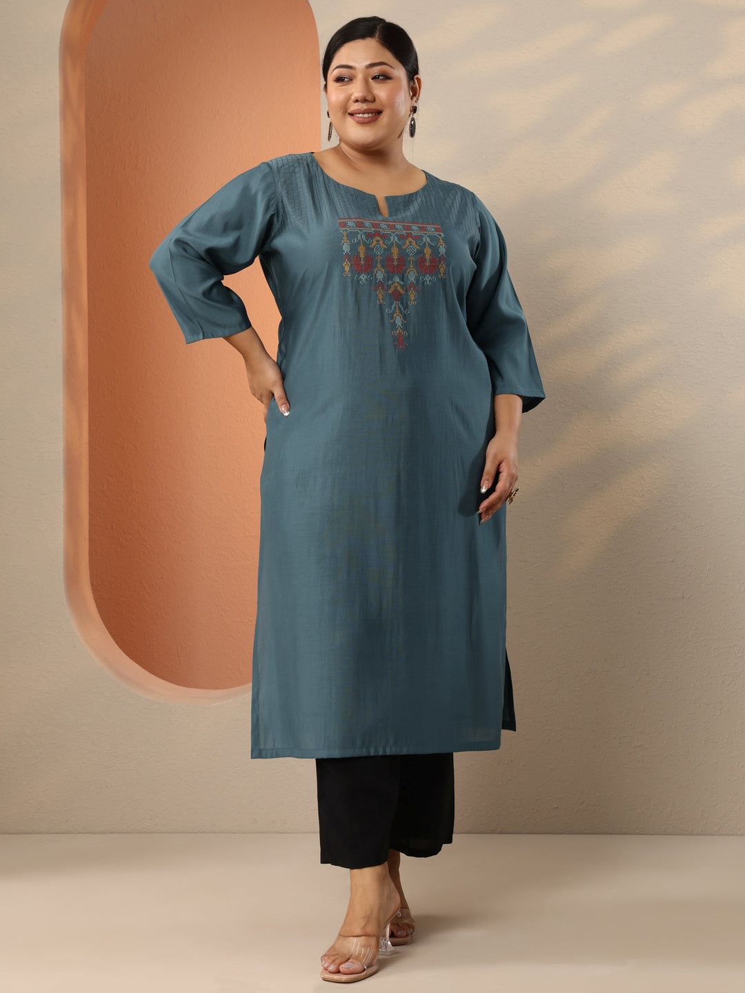 Plus Size Blue Embroidered Silk Blend Straight Kurta 