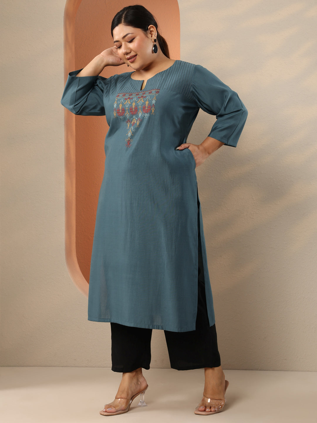  Plus Size Blue Embroidered Silk Blend Straight Kurta 