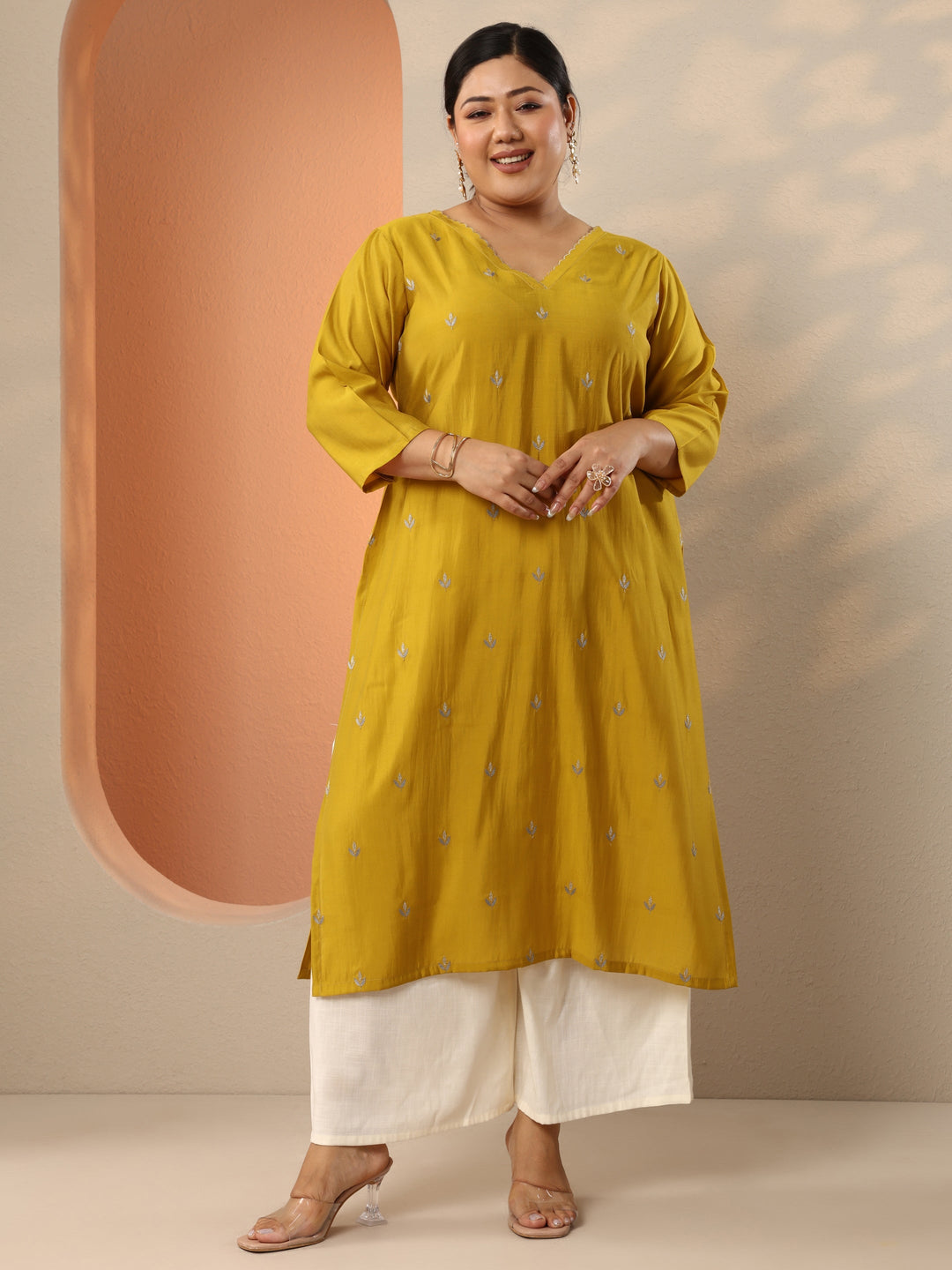 Plus Size Yellow Embroidered Silk Blend Straight Kurta 