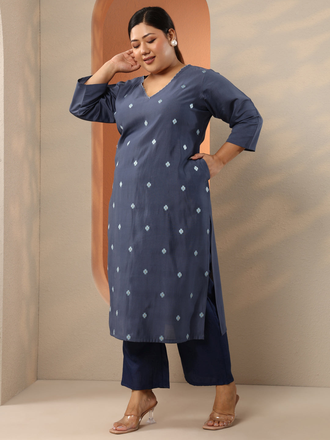  Plus Size Grey Embroidered Silk Blend Straight Kurta 