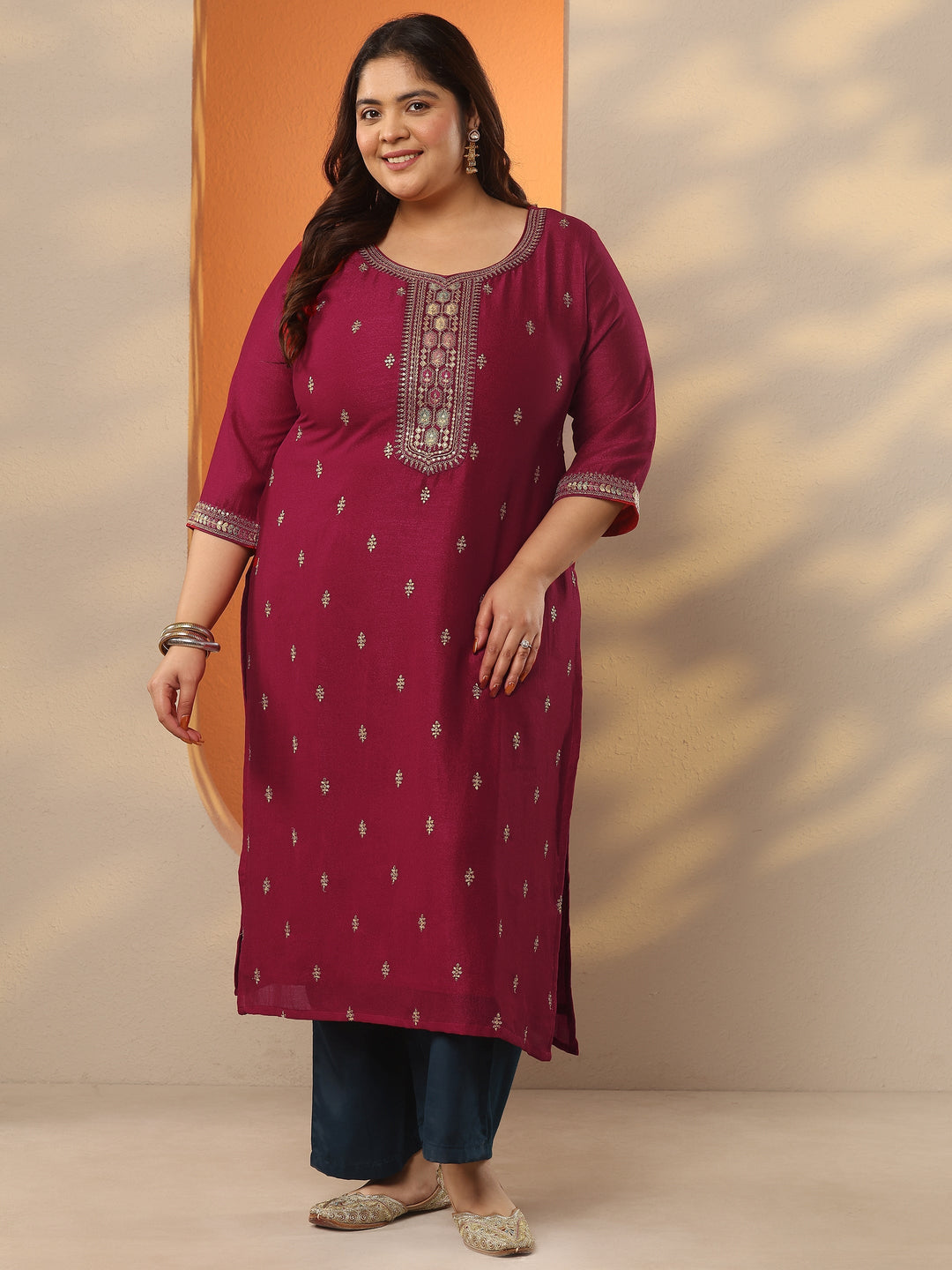  Plus Size Pink Embroidered Silk Blend Straight Kurta 