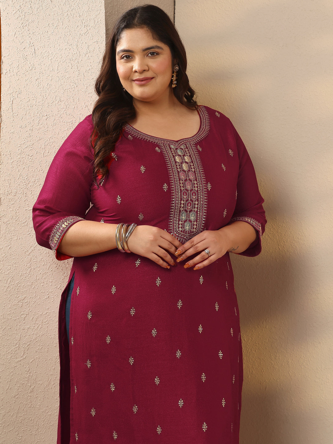  Plus Size Pink Embroidered Silk Blend Straight Kurta 