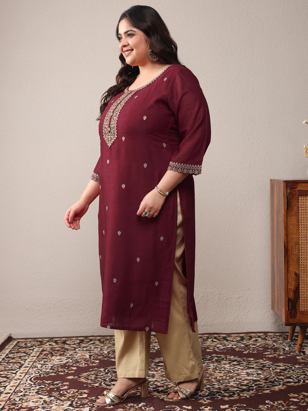  Plus Size Maroon Floral Embroidered Silk Blend Straight Kurta 