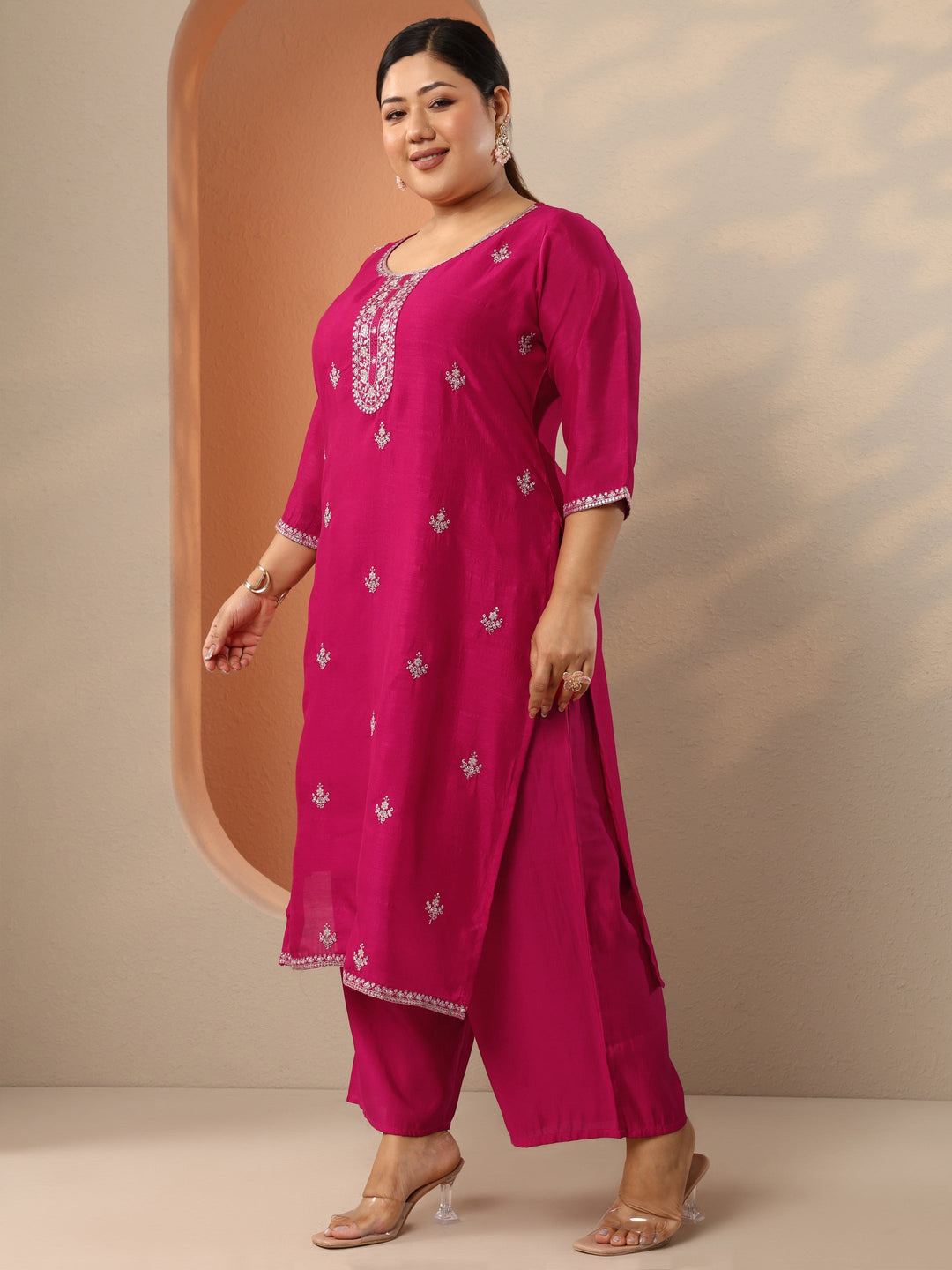  Plus Size Pink Embroidered Silk Blend Straight Kurta 