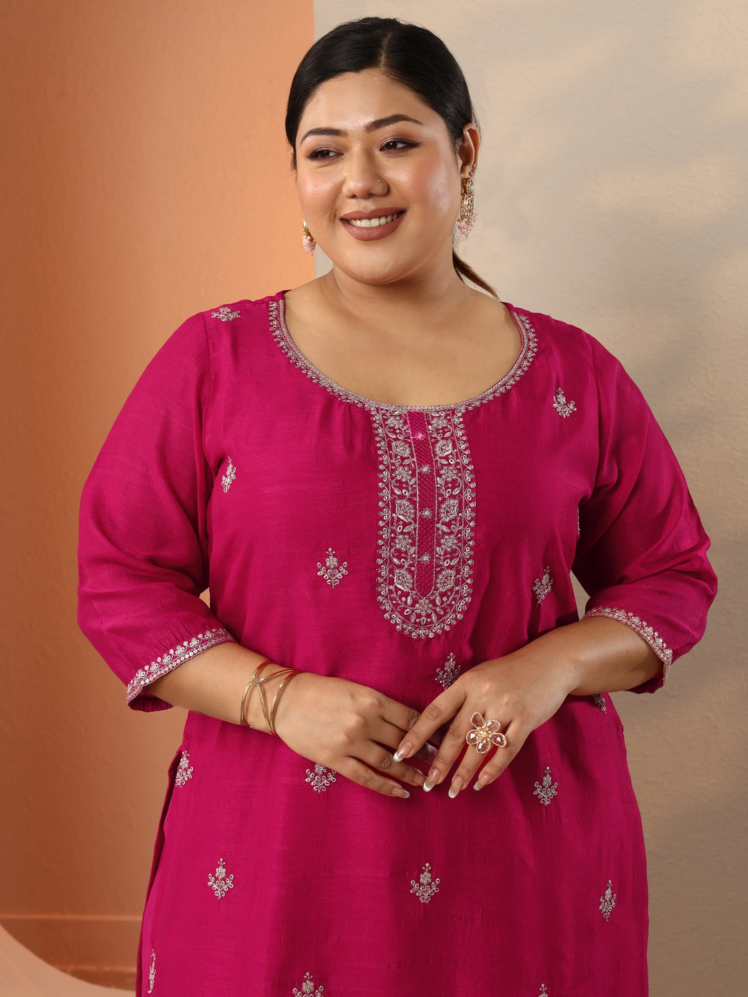  Plus Size Pink Embroidered Silk Blend Straight Kurta 