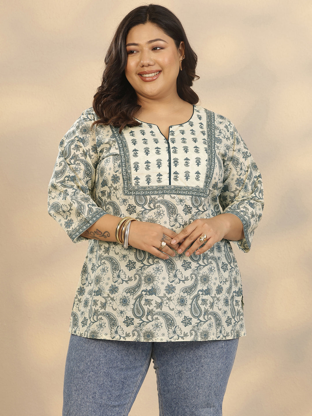  Plus Size Off White Printed Cotton Straight Short Kurti 