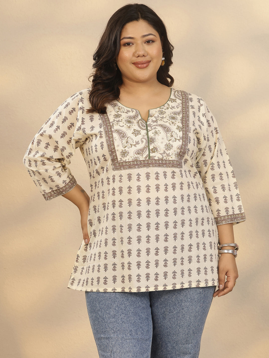 Plus Size Off White Printed Cotton Straight Short Kurti 
